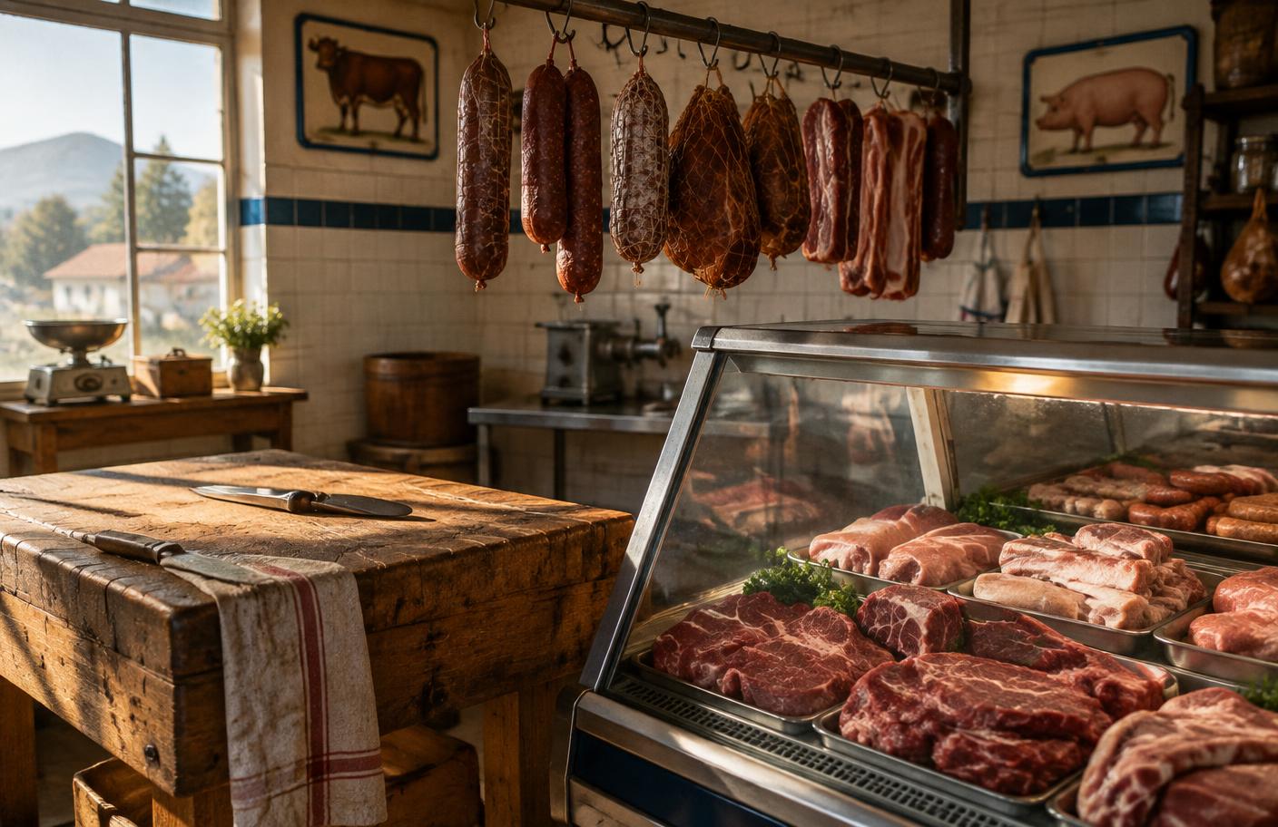 A traditional butcher counter with a wooden block, hanging cured meats and a display of fresh cuts