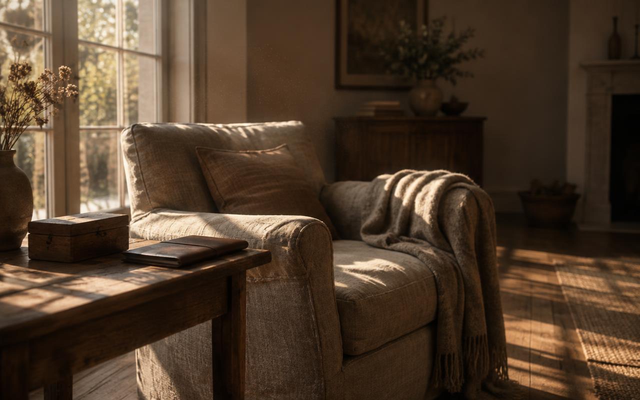 Sunlit living room with a linen armchair and a small wooden keepsake box on the side table